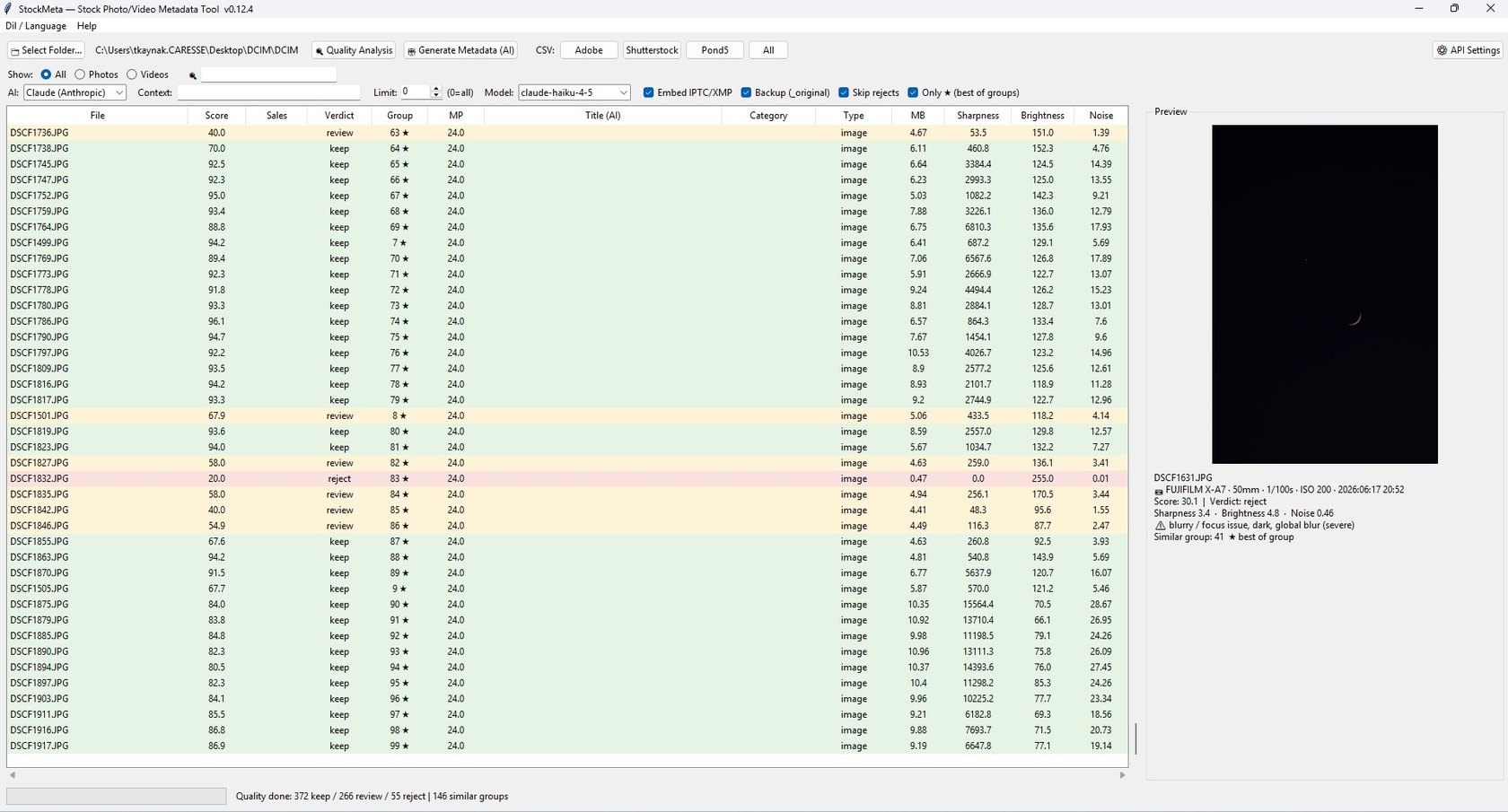 StockMeta main table: files scored and color-coded keep, review, reject